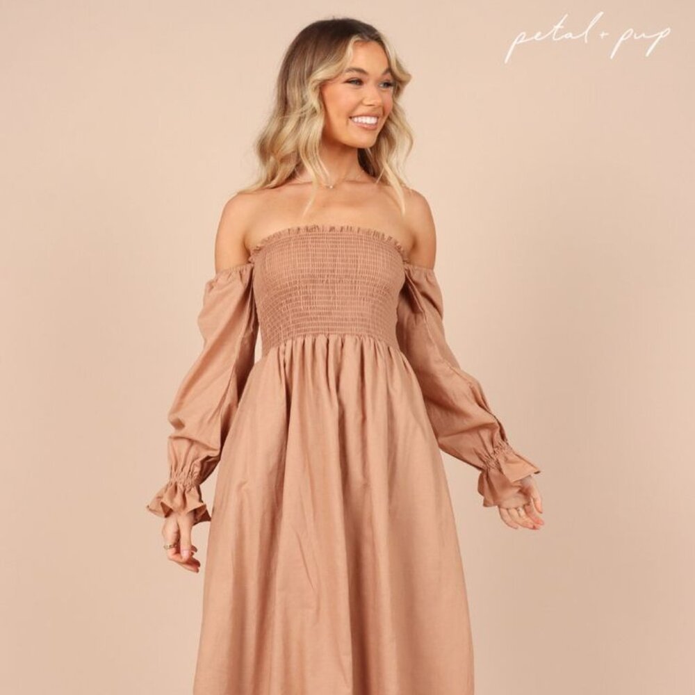 PETAL & PUP,  DOMENICA SHIRRED LONG SLEEVE DRESS- brown
